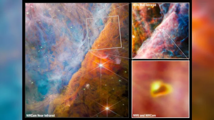 Imágenes tomadas por el telescopio Webb muestran una parte de la nebulosa de Orión conocida como Barra de Orión